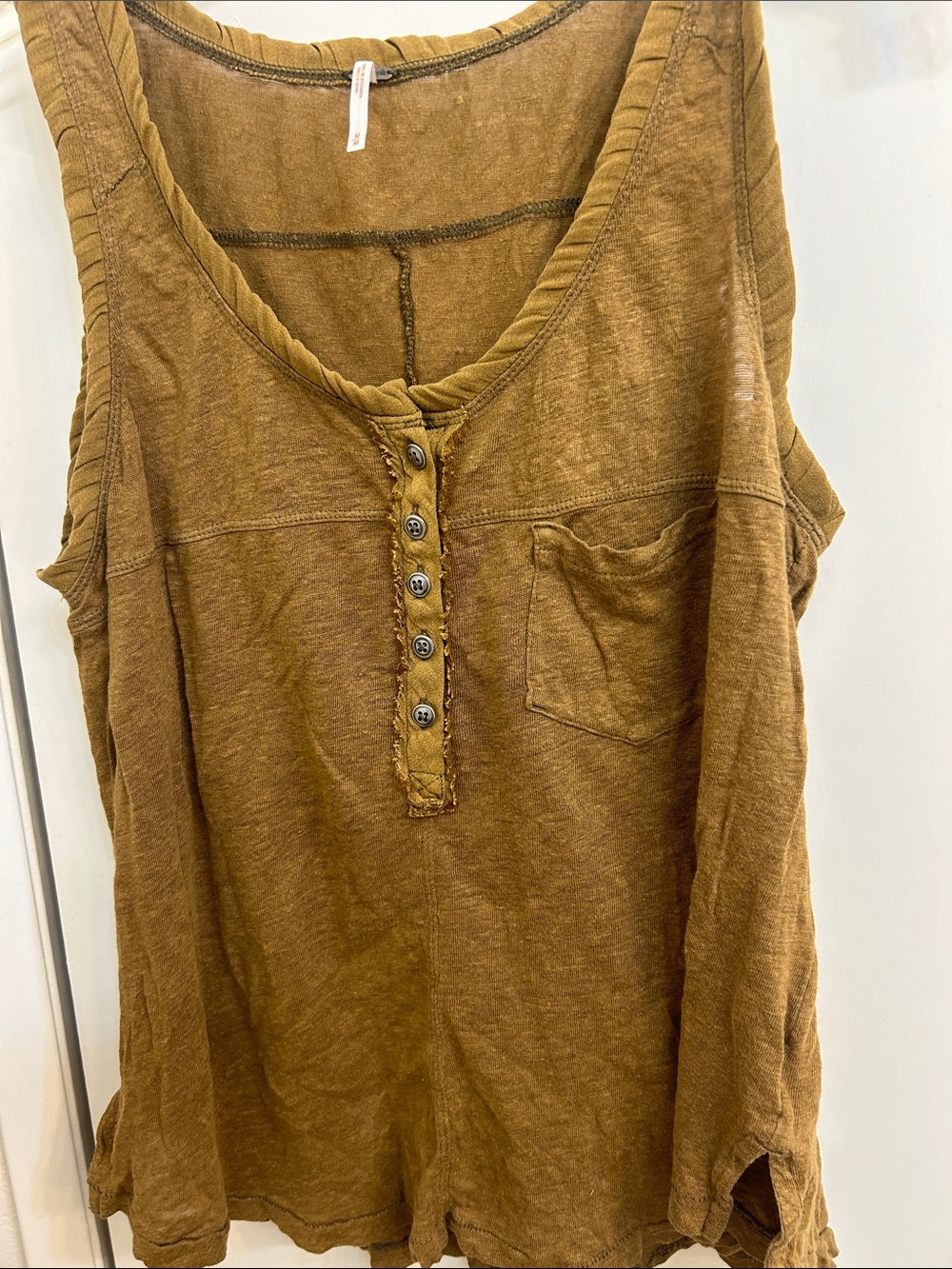 Free People Mustard Brown Sleeveless Henley Tank with Pocket